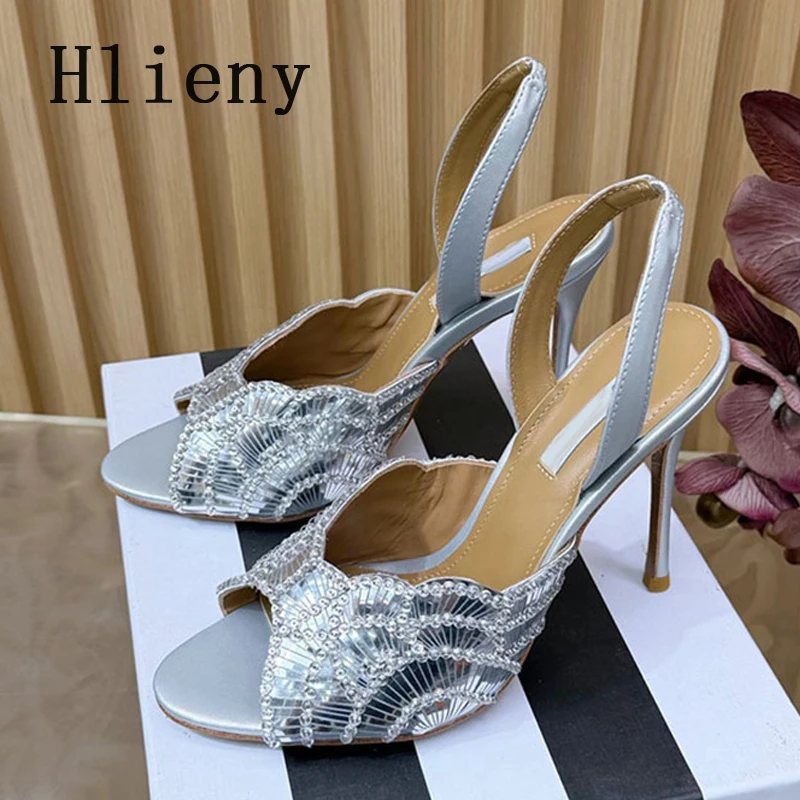 

Hlieny 2026 Summer Woman Sandals Peep Toe Sexy Back Strap Stiletto Shoes Sequined High Heels Party Ladies Gladiator Dress Shoes