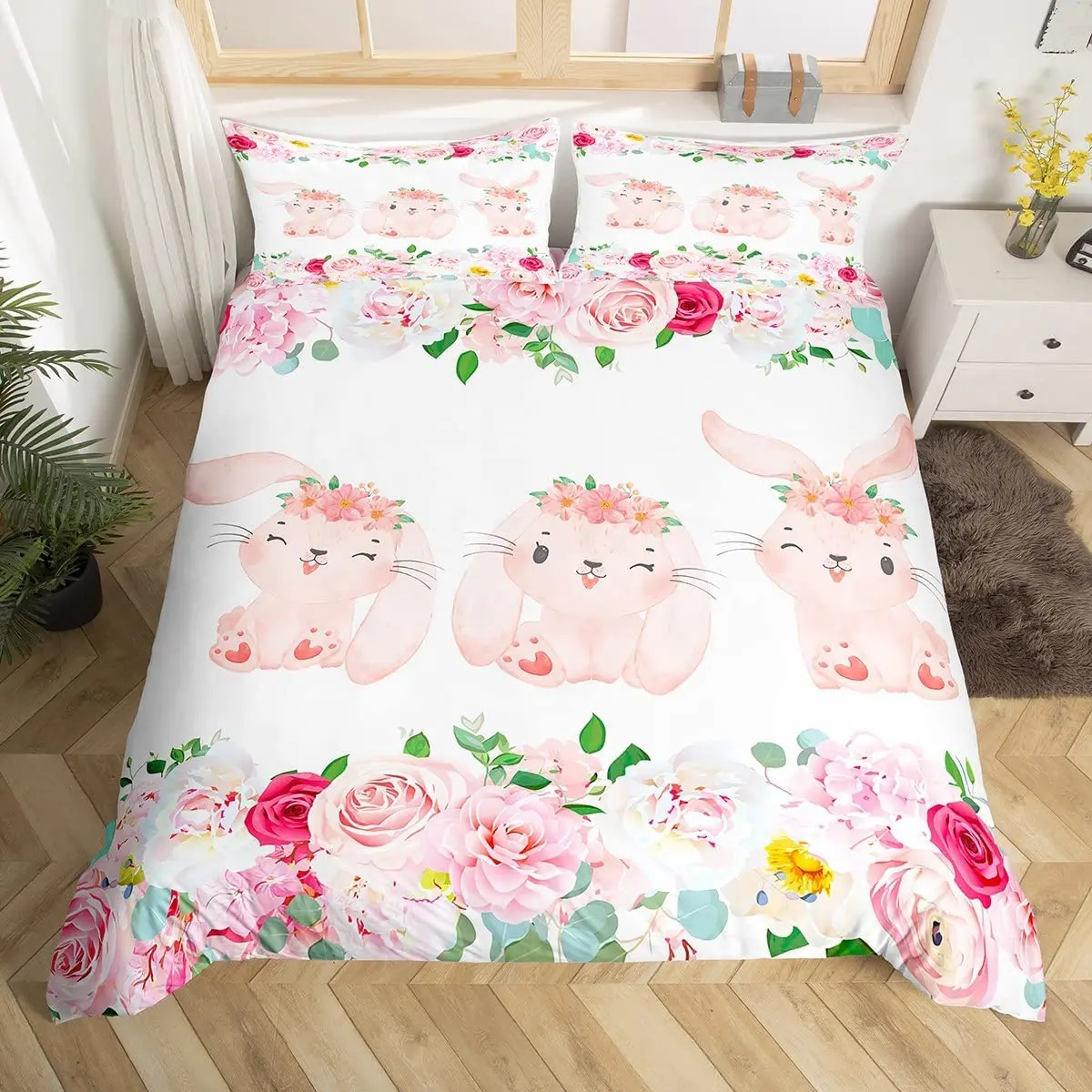 

Cute Rabbit Duvet Cover Set Twin Queen Colorful Flower Bedding Set Microfiber Botanical Floral Cartoon Animal Comforter Cover