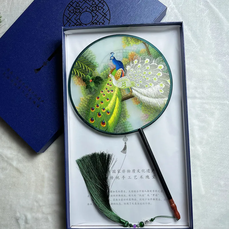 Purely handmade, double-sided embroidered retro group fan, ancient Hanfu dance fan, Guofeng long-handled fan, craft fan