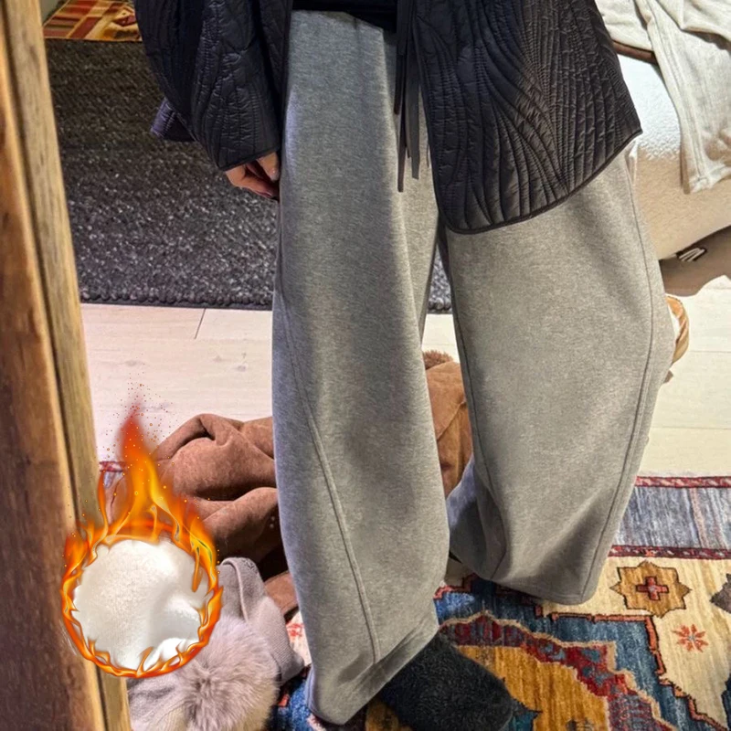 

Winter Plush Velvet Lined Basic Wide Leg sweatPants Casual Baggy Thick Lace-up High Pants Waist Pantalone Women Warm Spodnie