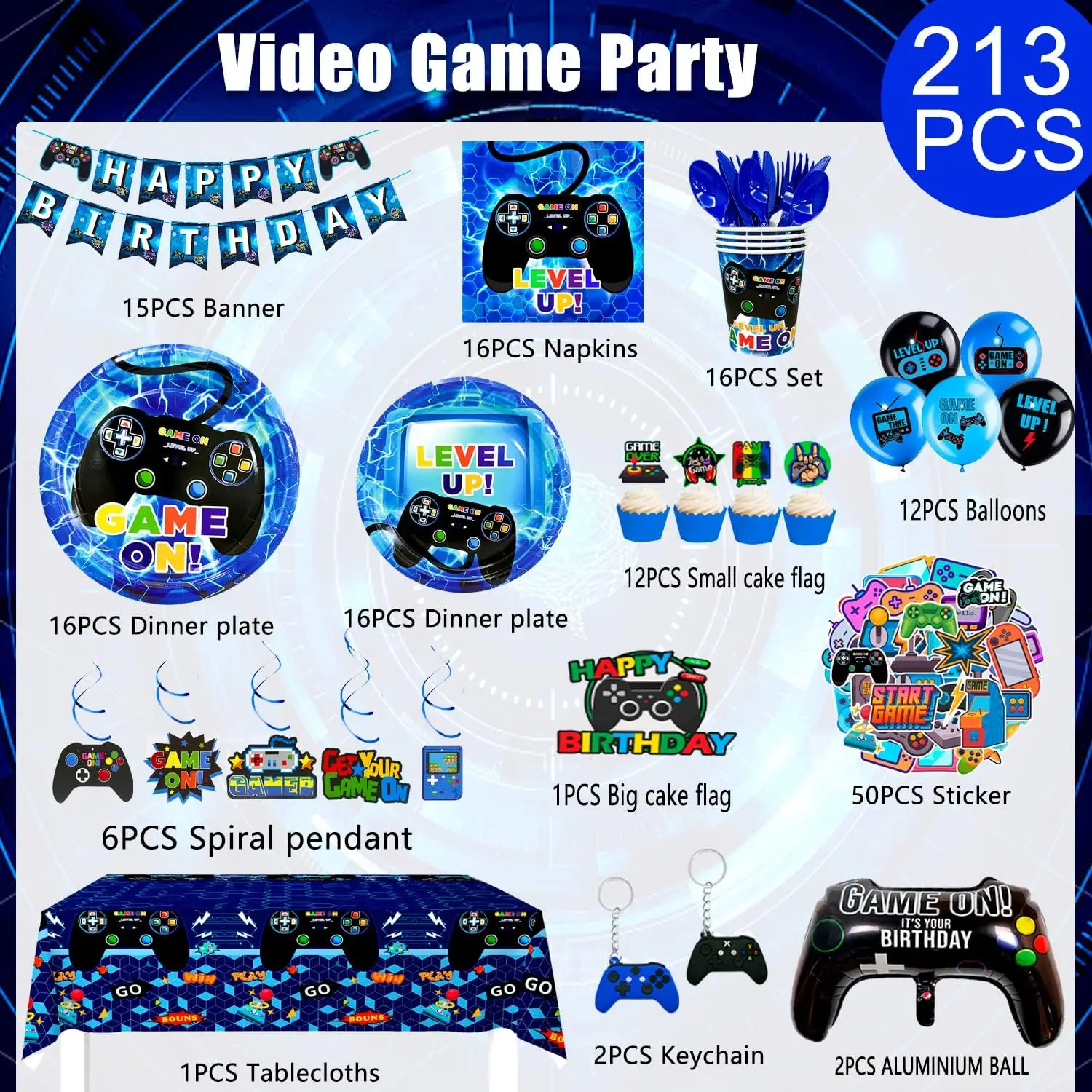 Video Game Birthday Decorations for Boys,213pcs Decorations&Tableware Set-Video Game Party Plates Cups Napkins Tablecloth etc