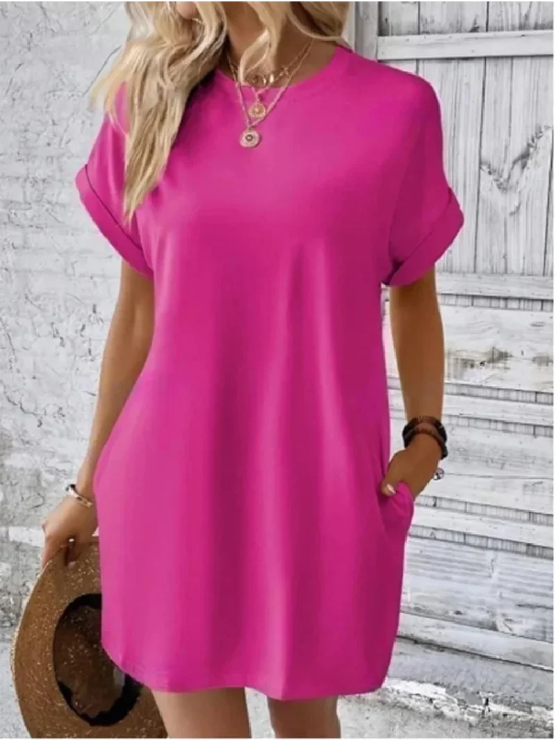2025 夏のミニマリスト無地カジュアルミニスカート女性の気質ラウンドネックルーズ半袖ポケット T シャツドレス