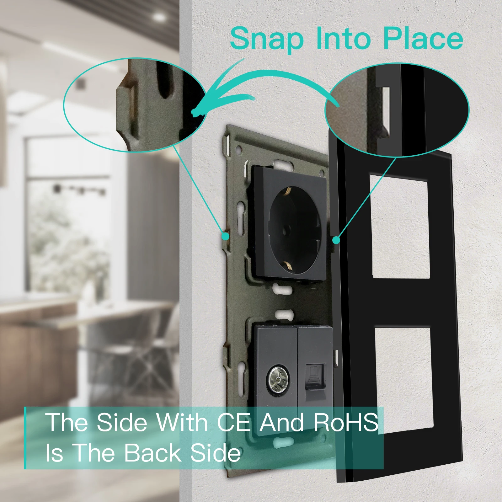 BSEED Sockets TV CAT6 Power Socket EU Standard TV Internet RJ45 PC Connections USB C Electric Wall Sockets Black Glass Frame
