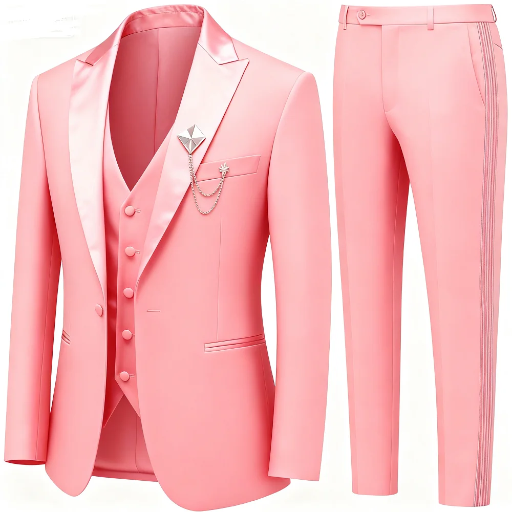 

Элегантный розовый облегающий мужской костюм из трех предметов с жилетом и брюками, смокинг для свадьбы, жениха, выпускной, деловой пиджак для мужской вечеринки, комплект