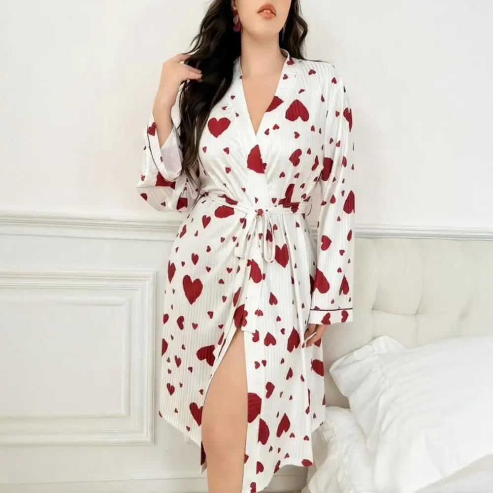 

Polyester Nightwear Women Nightgown Women's Heart Print Robe Soft Belted Kimono Bathrobe Cozy Mid-length Spa Loungewear Long