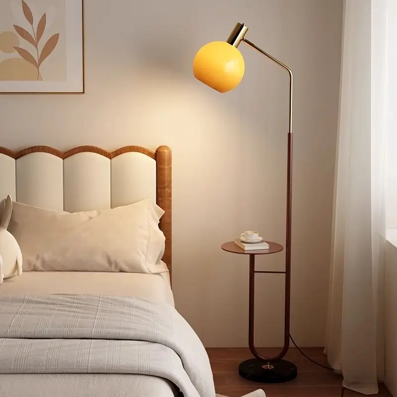 Mid Century Modern Pomelo Shape Floor Lamp with Side Table and Storage Shelf Dimmable for Living Room Sofa Bedside Floor Lamp