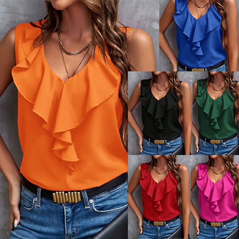 

Women's Tank Blouses Summer Elegant Sweet Casual V-Neck Boho Tops Solid Color Ruffle Patchwork Sleeveless Women Fashion Shirts