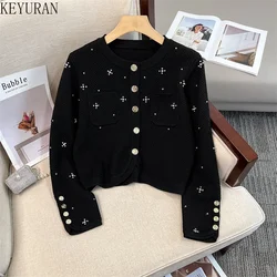 2024 Autumn Winter New Vintage Knitted Cardigan Sweater Women Korean Fashion Black Diamonds Beading Knitwear Tops Female Jumper