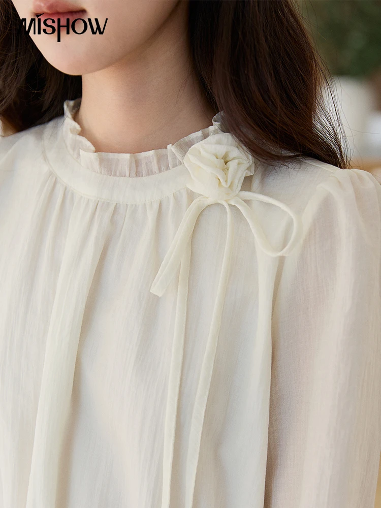 MISHOW Women's Ruffled Stand Collar Blouse 2026 Spring Flower Decor Apricot Blouses Drawstring Waist Puff Sleeve Top MXF11C2428