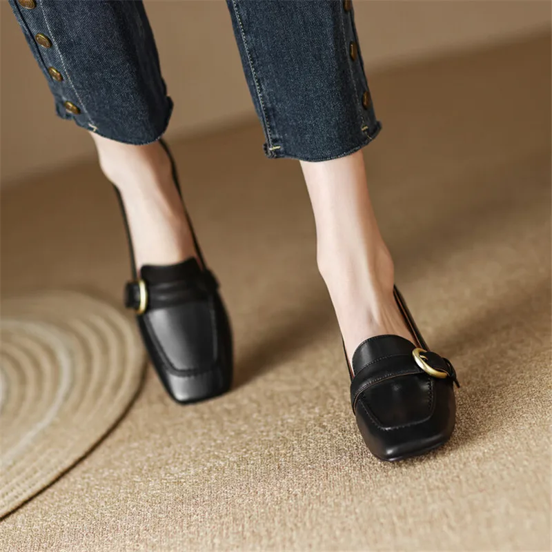 2023 New Spring Women Shoes Loafers Square Toe High Heels Cow Leather Chunky Heel Women Pumps Shoes for Women Zapatos De Mujer