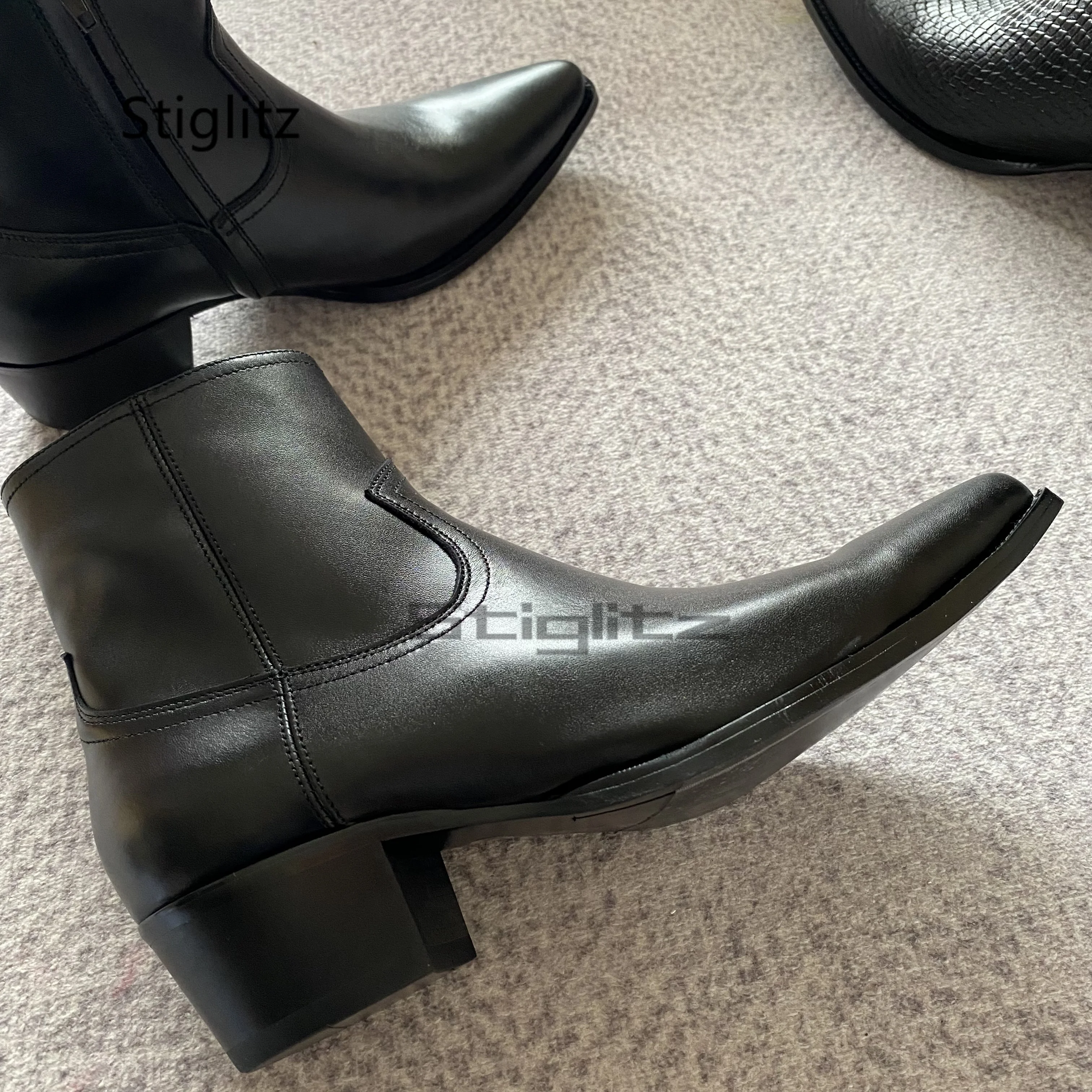 

Black Cowhide Heels Chelsea Boots for Men Pointed Toe Side Zipper Genuine Leather Ankle Boots Business Casual Dress Male Shoes