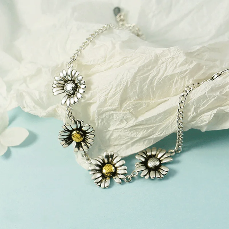 925 Sterling Silver Vintage Daisy Flower Charm Bracelet For Women Bracelets &Bangles Wedding Party Jewelry Gift Jlkfjlda