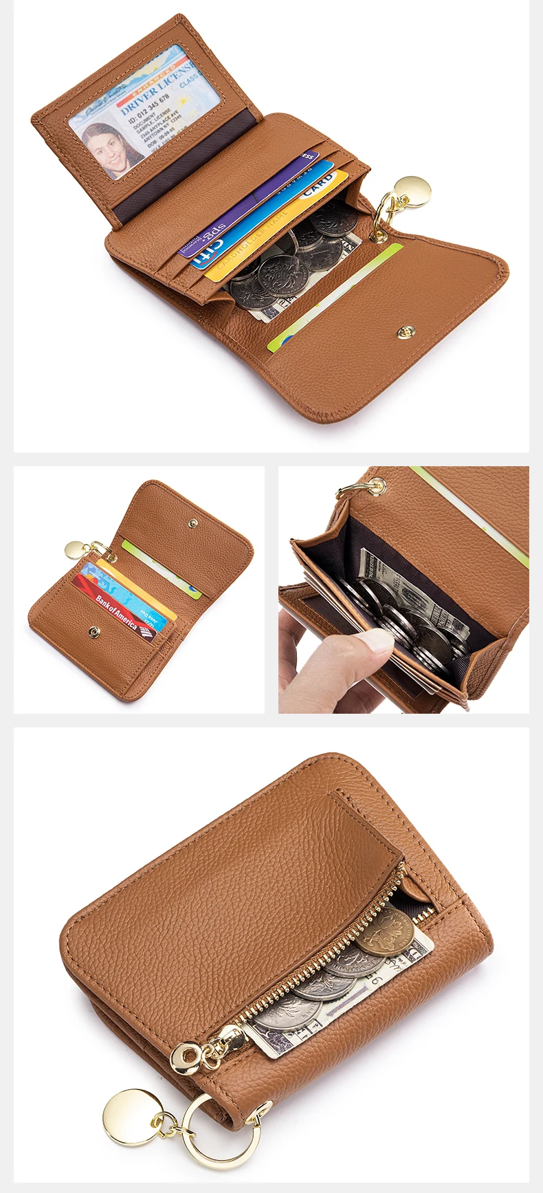 Slim Wallet for Women RFID Blocking Genuine Leather Ladies Keychain Wallet with Zipper Coin Pocket ID Window