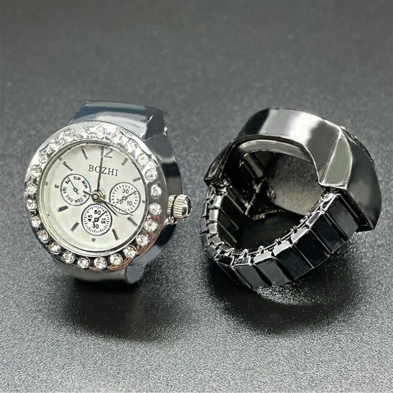 Creative Clock Shape Watches Rings Movement Quartz Rhinestone Decor Ring Watch Alloy Shell Finger Dial Couple Men and Women
