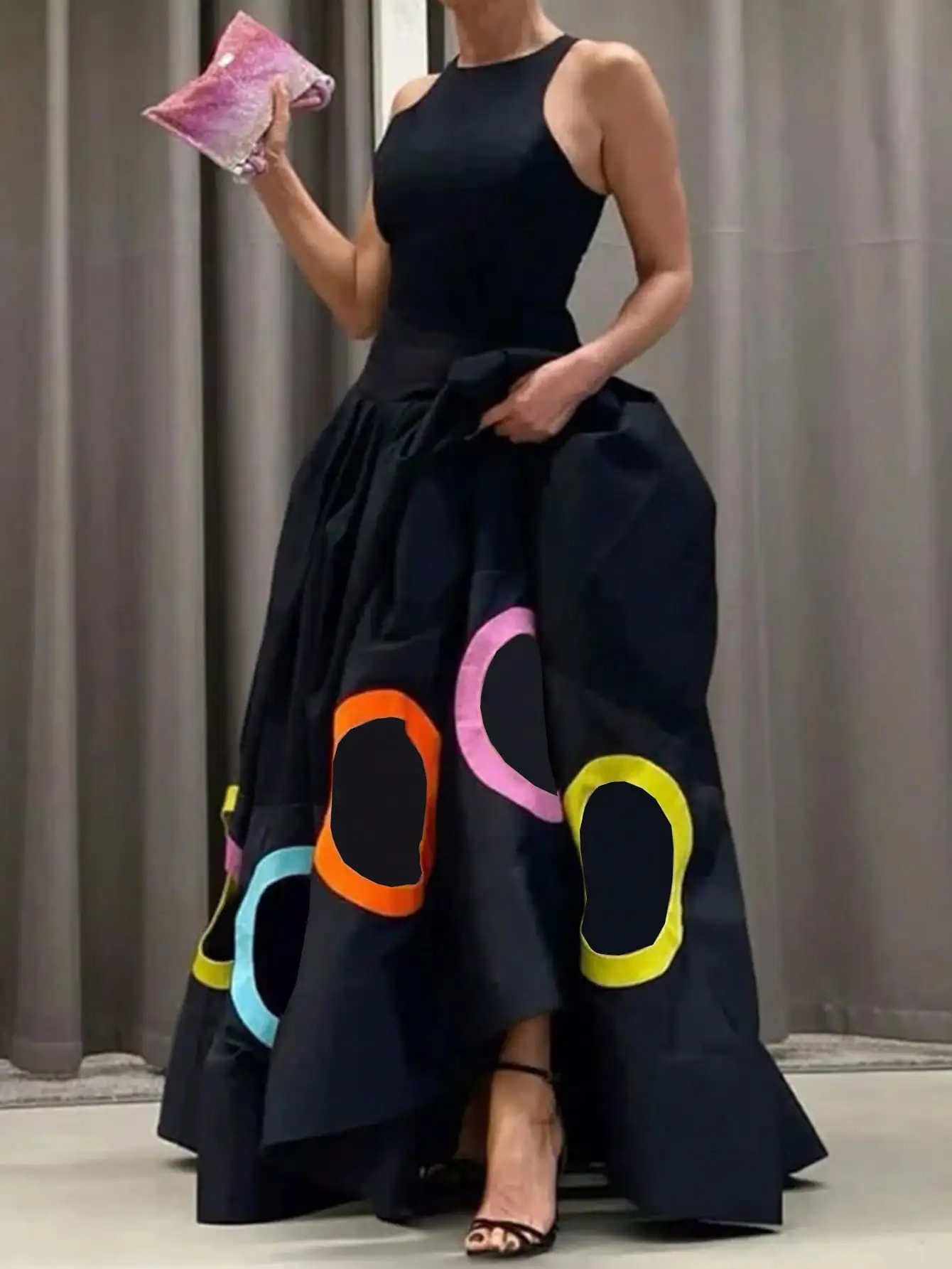 Damen-Kleid mit Kreis-Aufdruck, ärmellos, plissiert, A-Linie, elegant, Vintage, Streetwear, Y2K, Rundhalsausschnitt, Sommerkleid für Damen