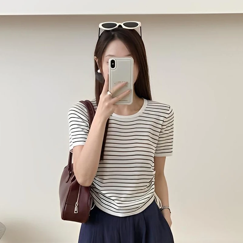 

Round Neck Contrast Striped Drawstring Tops Women Summer Short Sleeve T-shirt