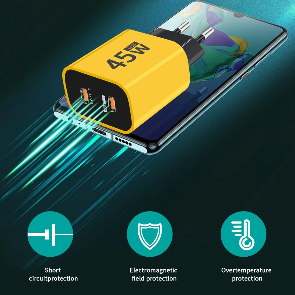 45 واط GaN USB C شاحن شحن سريع نوع C مهايئ شاحن الهاتف آيفون 15 سامسونج Xiaomi هواوي المزدوج PD شاحن الجدار السريع