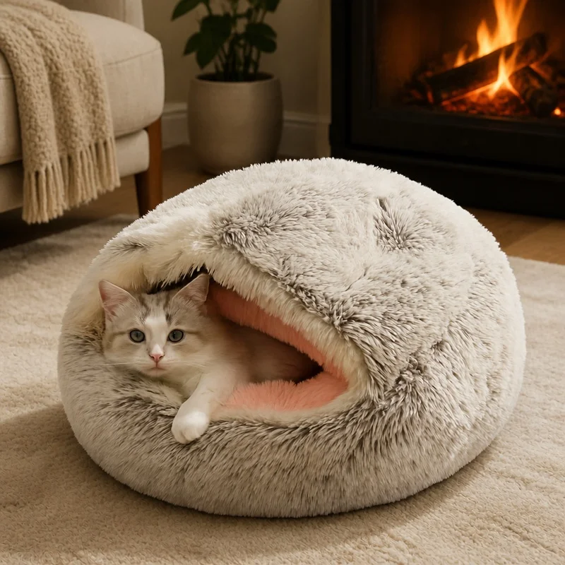 Cama Cálida de Invierno para Mascotas con Interior de Felpa Suave, Cama Semicerrada y Acogedora para Gatos