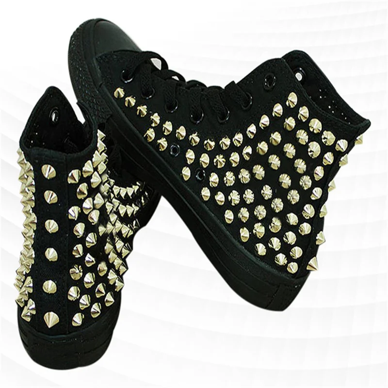 Hand-made original black high top riveted canvas shoes Hip hop punk show shoes men and women plus size casual shoes 35-46
