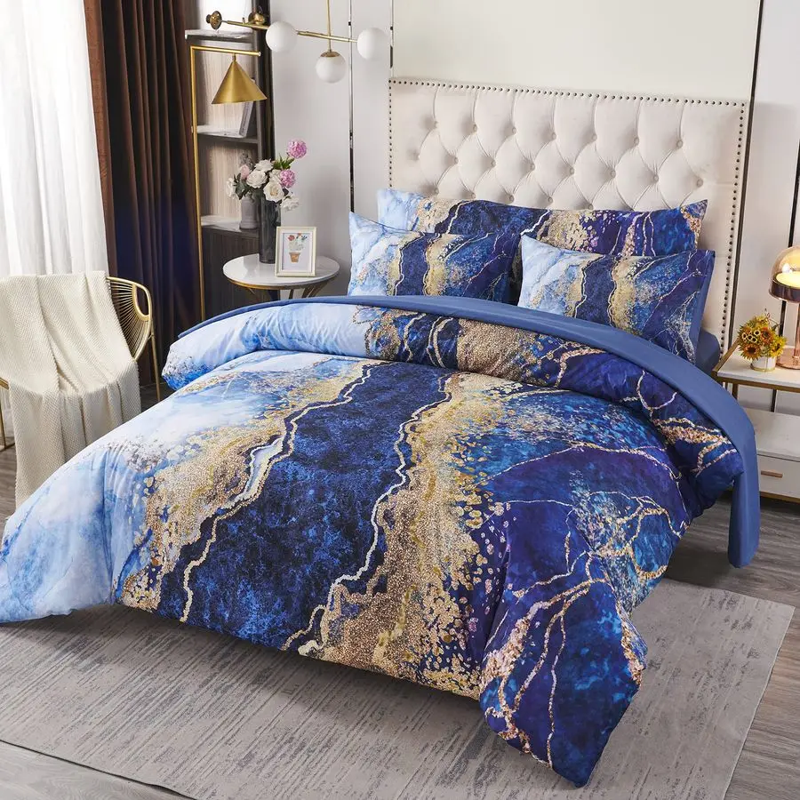 

6 Pcs BedinABag Queen Size Blue Watercolor Marble Printed Comforter Set with Matched Bed Sheets, Colorful Retro Artwork Style Be