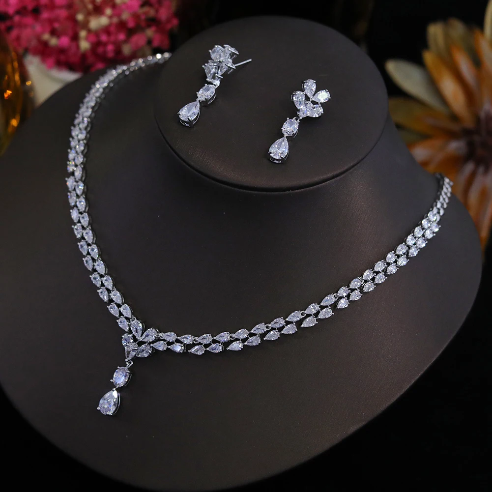 ASNORA New Design Luxury Cubic Zirconia Water Drop Necklace Earrings Set for Women High Quality Wedding Party Dress Jewelry