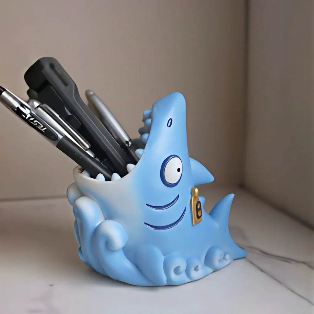 Funny Cartoon Shark Pen Holder Resin Sea Animal Pencil Container Kawaii Desk Organizer Cute Shark Figurine Office Desktop Storag