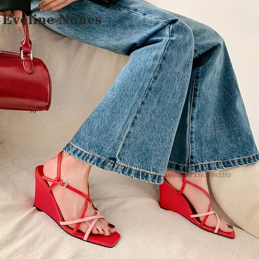 Narrow Band Bicolor Wedges Sandals Sexy Casual Shoes 2024 Trend Summer Open Toe Slingback Side Air One Word Buckle Women Heels