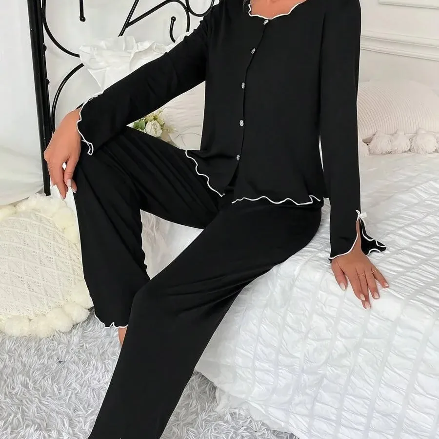 

Europe hot-selling new pajamas black fungus edge long-sleeved trousers two-piece set comfortable high-end loungewear