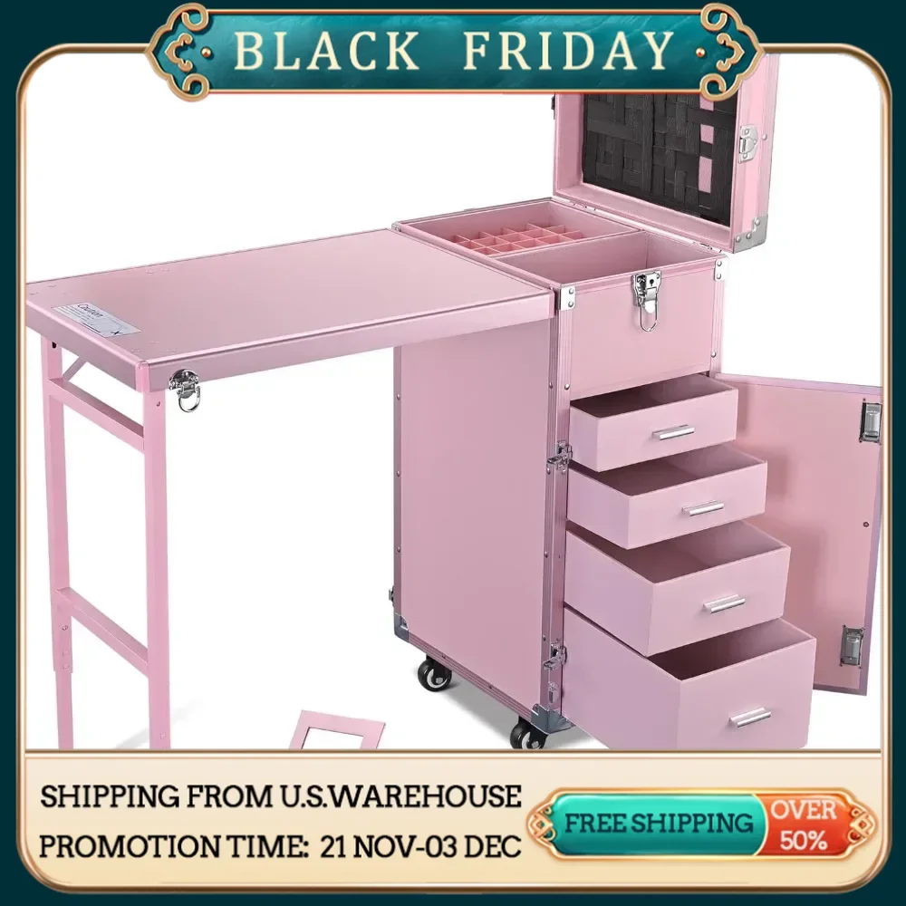 Rolling Manicure Table Foldable Nail Table Makeup Train Case with Desk Cosmetic Trolley Travel Storage Organizer with Speaker.