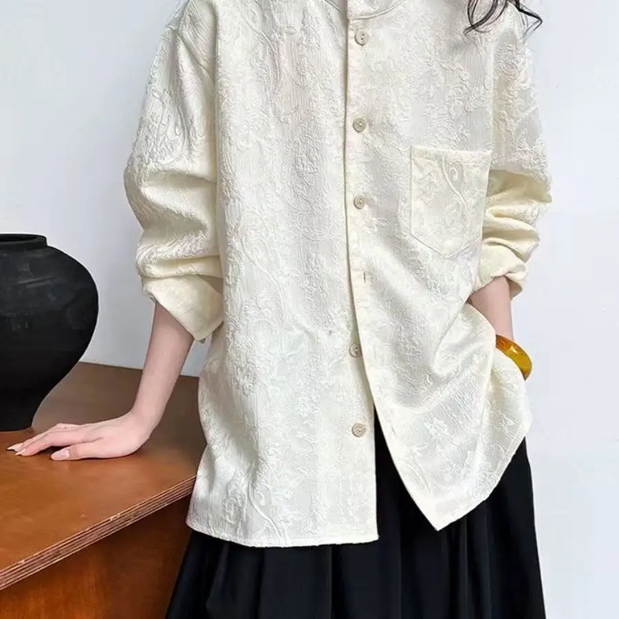 Vintage New Chinese Style Long Sleeved Shirt Men Women Jacquard Button Tops Loose Fit Casual Daily Wear Hanfu Match Mandarin Top