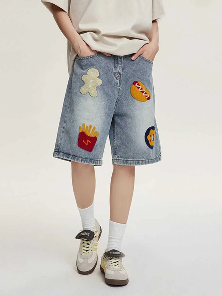 

Creative Towel Embroidered Jeans Shorts Loose Wide Leg Men's Summer New Style Heavyweight Trendy Brand Casual Jeans Shorts