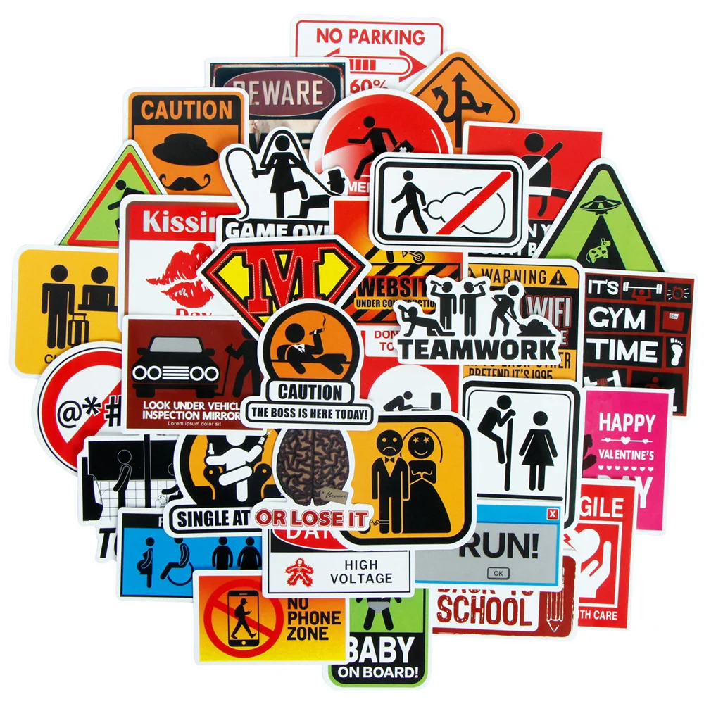 50PCS Spoof Street Sign Warning Sign Series Cartoon Graffiti Stickers  Luggage Laptop Ipad Skateboard Stickers