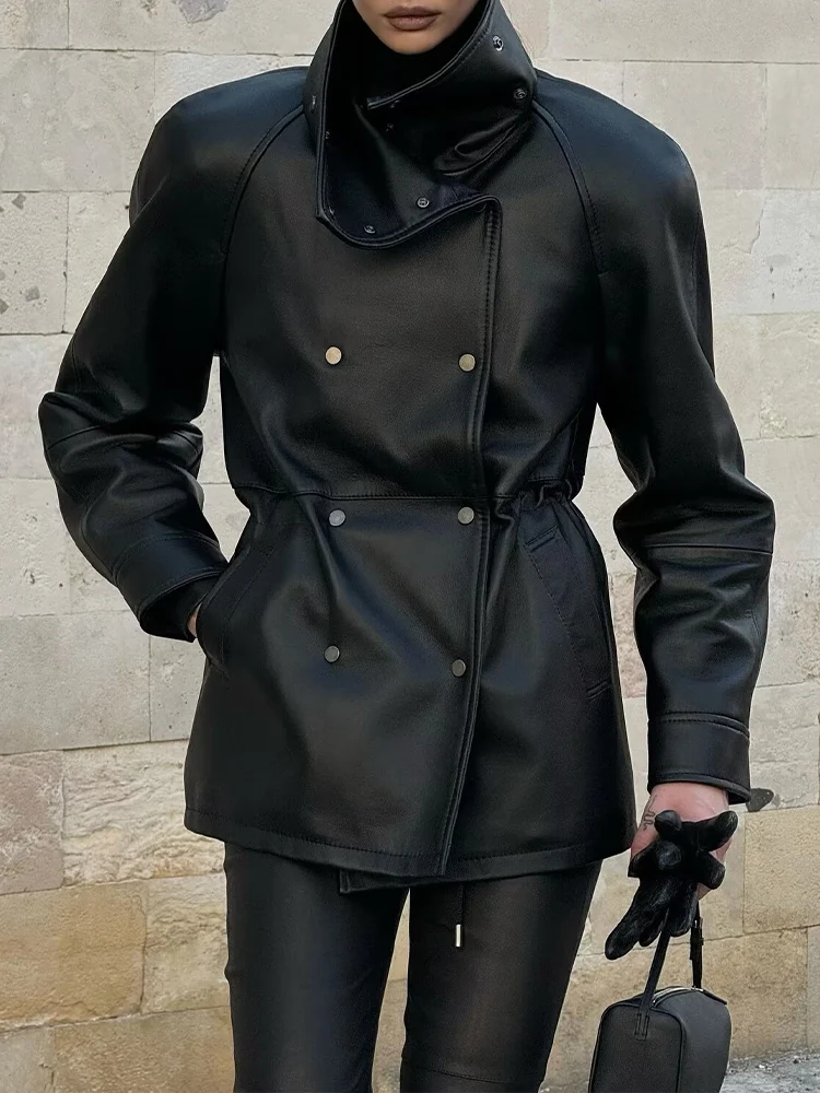 

European style new women's fashionable and versatile stand-collar drawstring waist mid-length leather coat