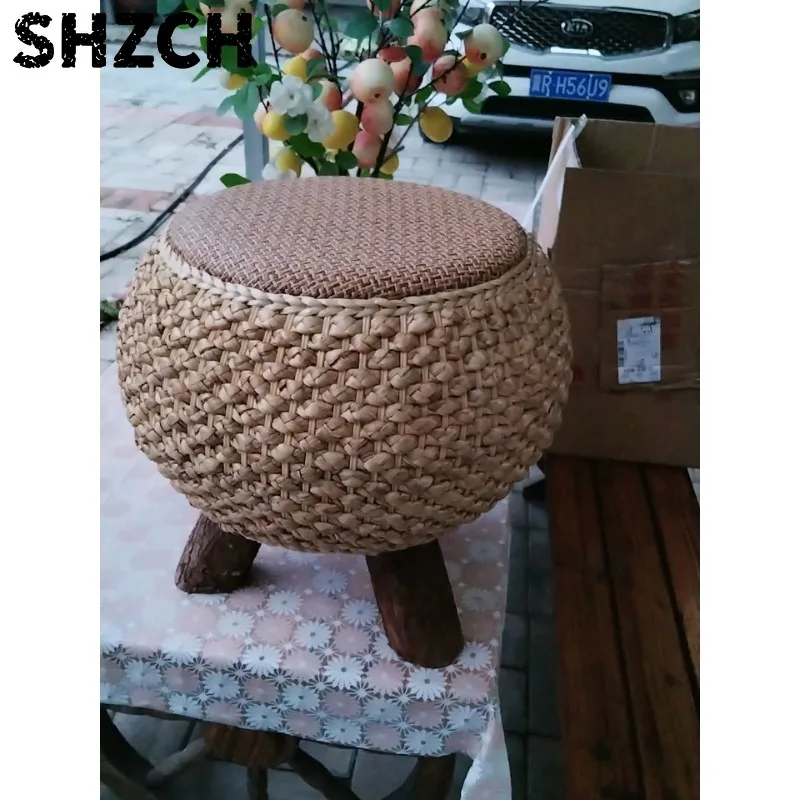 Multi-Functional Rattan Bench Solid Wood Shoe Bench Straw Stool Coffee Table Bedroom Furniture, Versatile Seating Solution