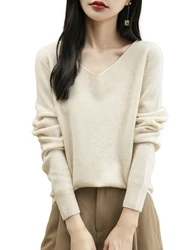 Sweater Women Knit Pullover 100% Merino Wool Knitted Sweater V-Neck Long Sleeve Jumper Top Fall Winter Warm Soft Femme Pullovers