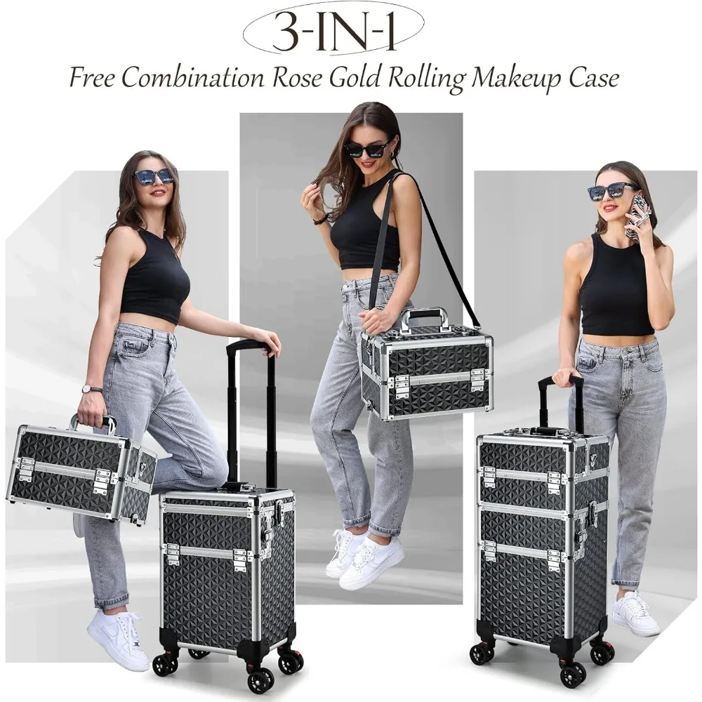 Large Rolling Makeup Case with Wheels, 3-in-1 Transformable Cosmetic Trolley for Salon Professionals and Travel