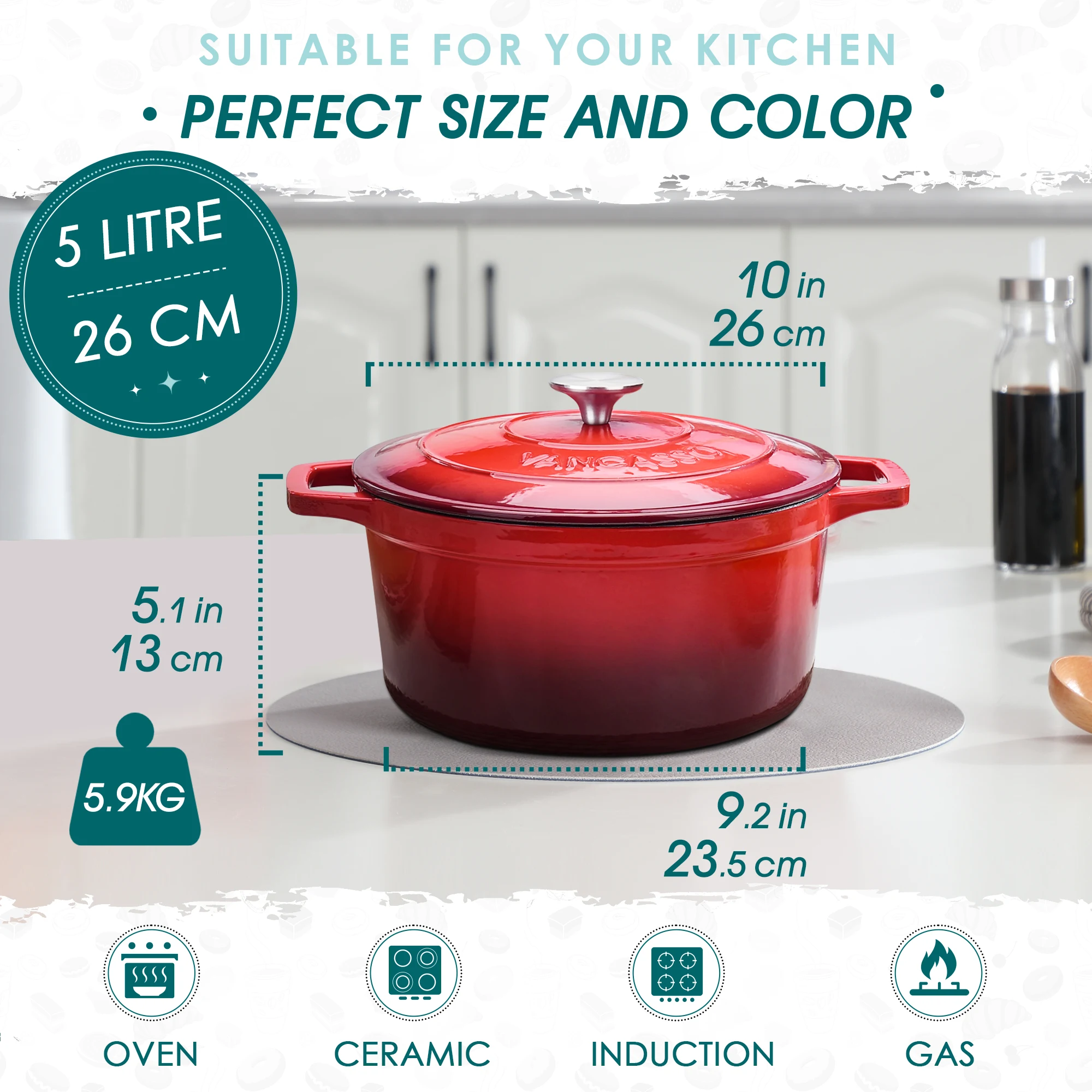 vancasso Dutch Oven 5L Cast Iron Pot with Stainless Steel Knob Lid, Naturally Non-Stick Enamelled Casserole 26cm 6 color Option