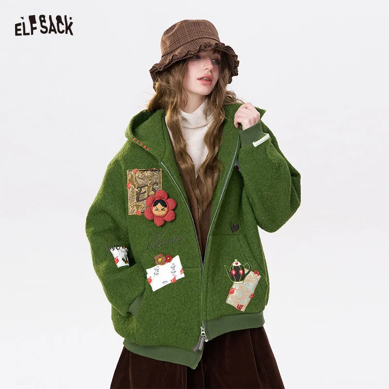 ELFSACK 2025 Y2K Preppy Hooded Coat Women, 3D Crochet Flower Wool Blend Coat, Cottagecore Elegant Winter Jacket