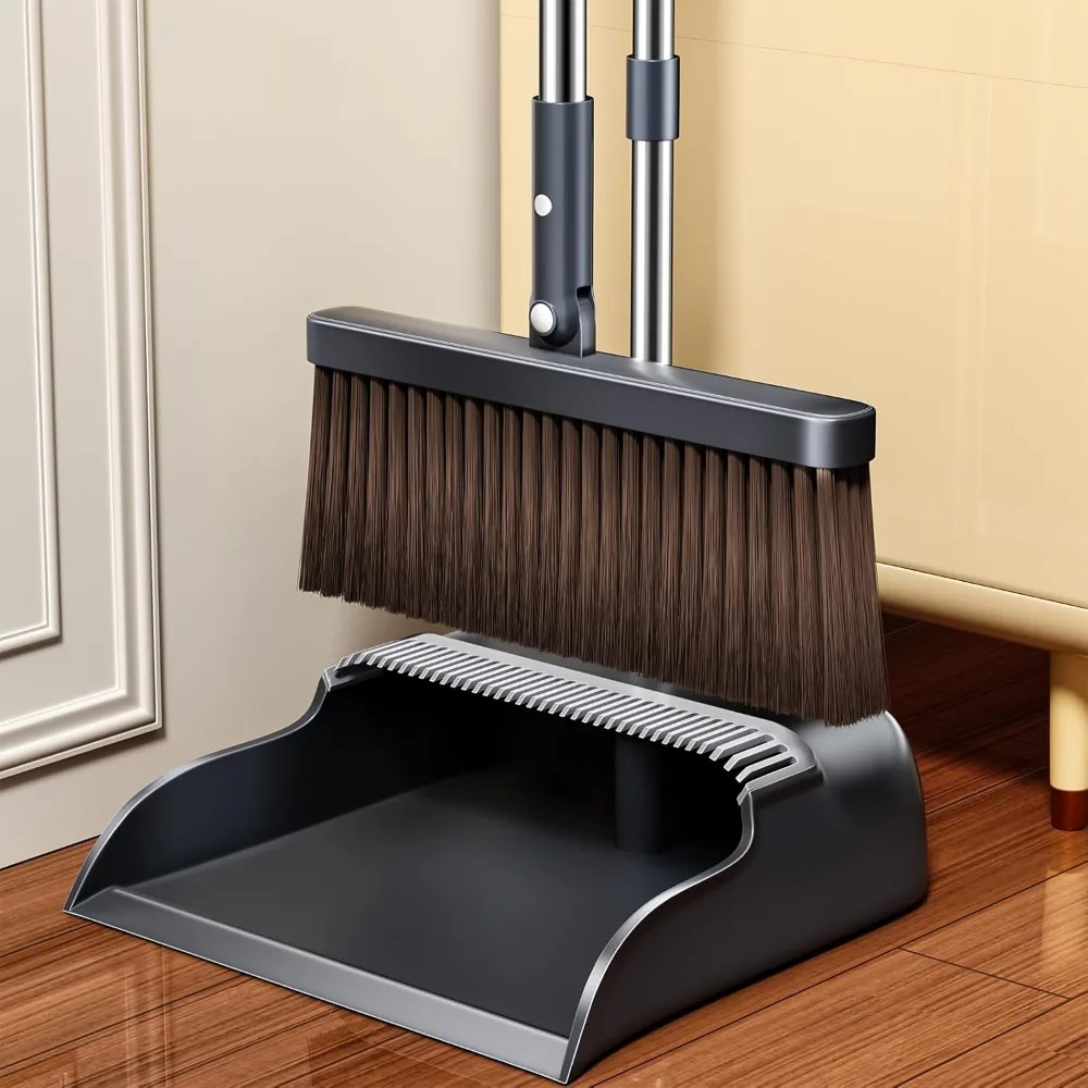 

Broom & Dustpan Set with 51.6" Long Handle, Comb Teeth & 2 Broom Heads, for Indoor Home Kitchen Office Lobby Pet Hair Cleaning