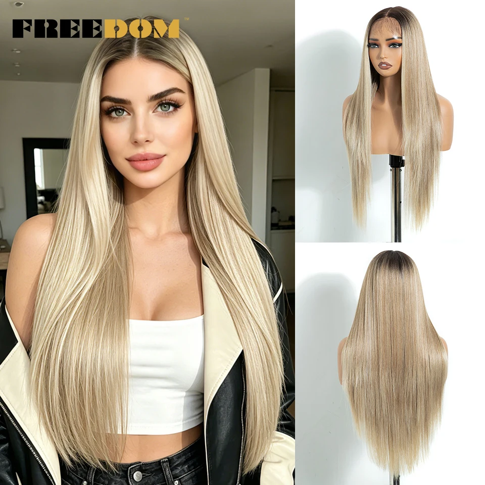 FREEDOM Long Straight Synthetic Lace Front Wigs For Women 30 Inch Ombre Brown Blonde Wig Heat Resistant Easy Wear Daily Use Wig