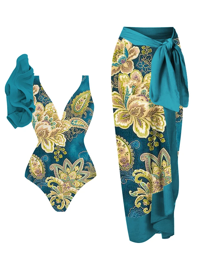 Lake Blue Fashio Women One-Piece Swimsuit Gold Print Three-Dimensional 3d Flower Deep V Bikini With Cover Sexy Beach Dress