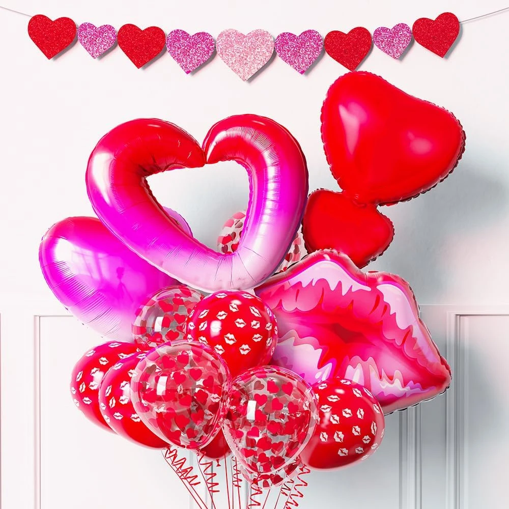 Valentines Day Red Heart Confetti Balloon Set I Love You Kiss Lip Hollow Bear Foil Helium Bal Wedding Bridal Birthday Party Deco