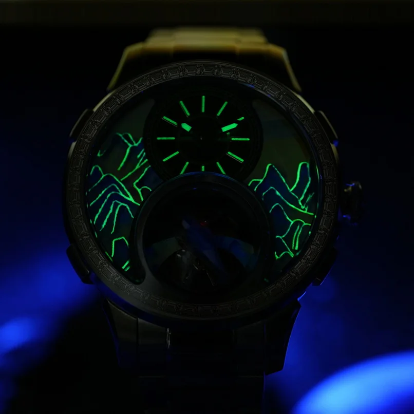 هانبورو ساعة أوتوماتيكية للرجال 43.6 مللي متر ساعة يد ميكانيكية مضيئة المينا منحوتة رسمت الهيكل العظمي الجبلي تدوير الطيور الهاتفي