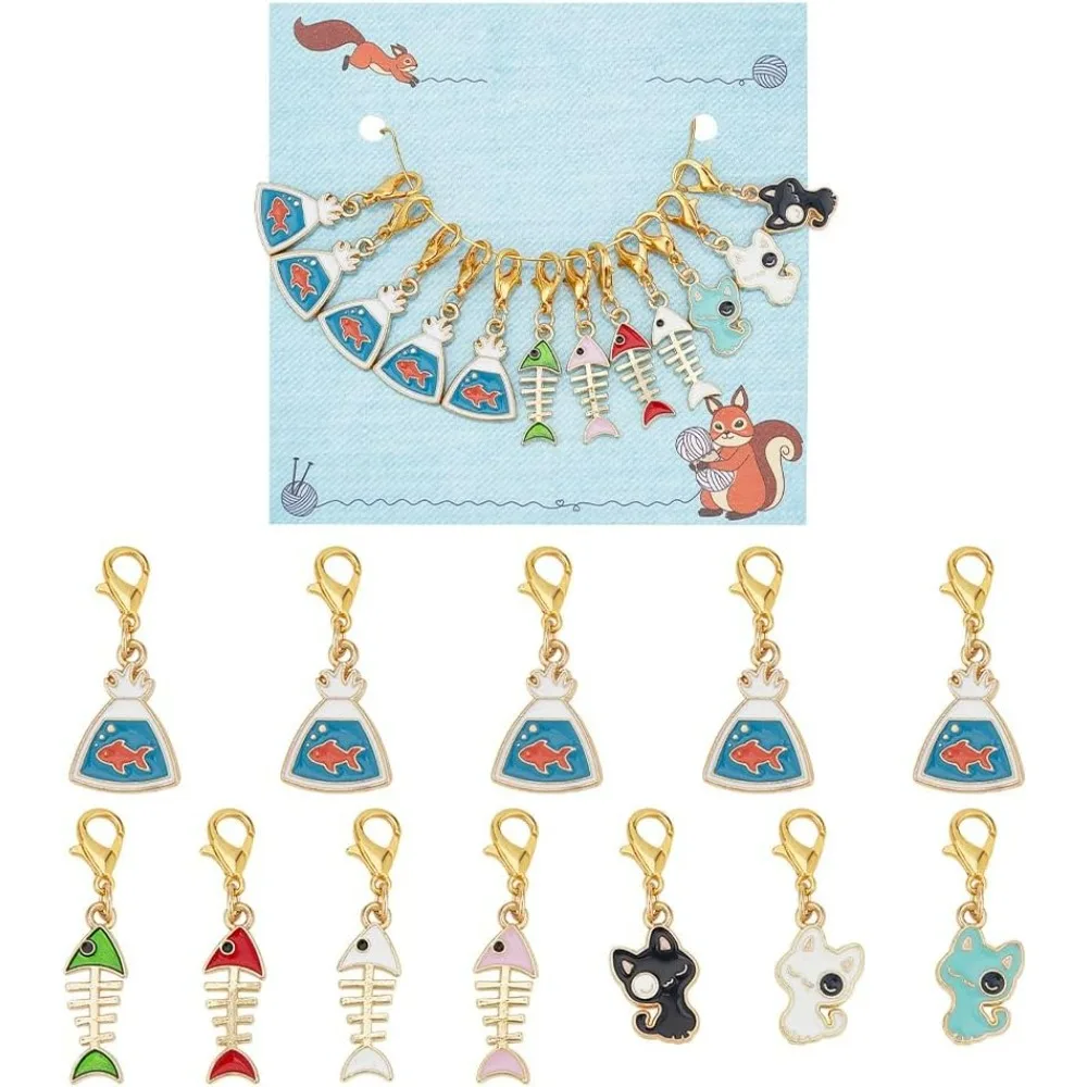 

12 Pcs Cat and Fish Stitch Markers, Enamel Crochet Stitch Marker Removable Lobster Clasp Locking Knitting Markers for Knitting