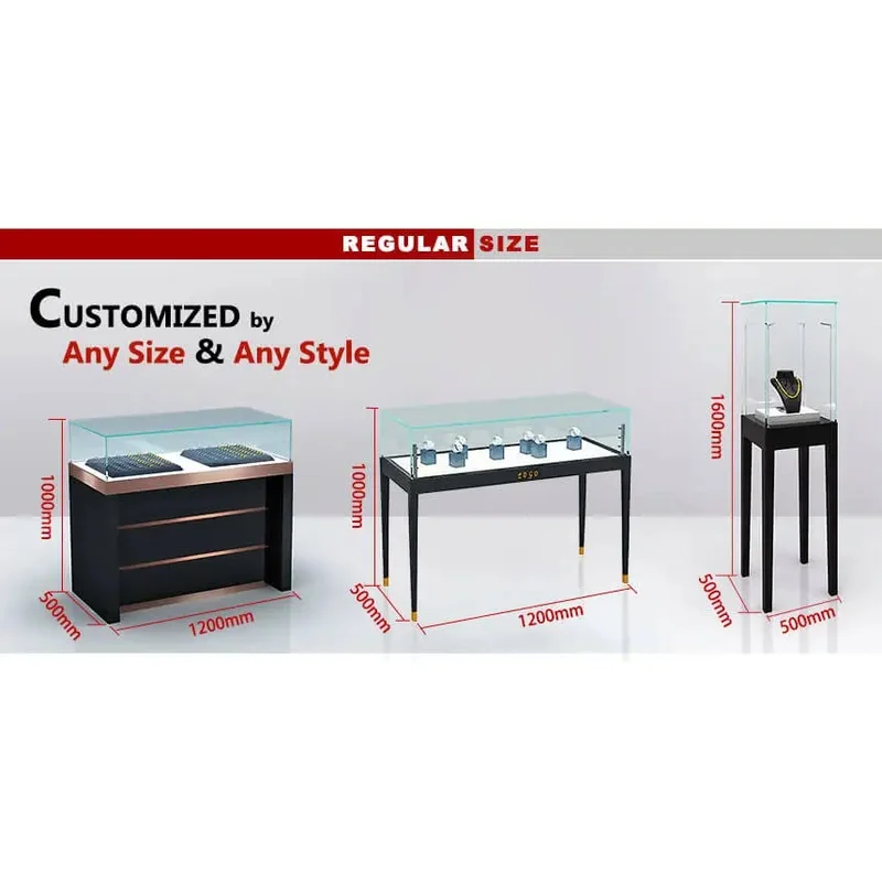 custom.Modern Luxury Jewelry Display Counter with Gold Metal Frame & Glass Showcase, White Painted Top Necklace Ring Exhibit