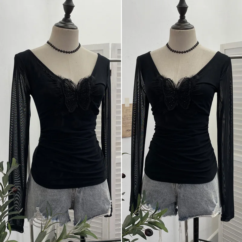 Camiseta de gasa de mariposa Vintage estética Y2k, ropa de calle 2025, camisetas de hadas teñidas anudadas para mujer, Tops plisados ajustados Harajuku Grunge
