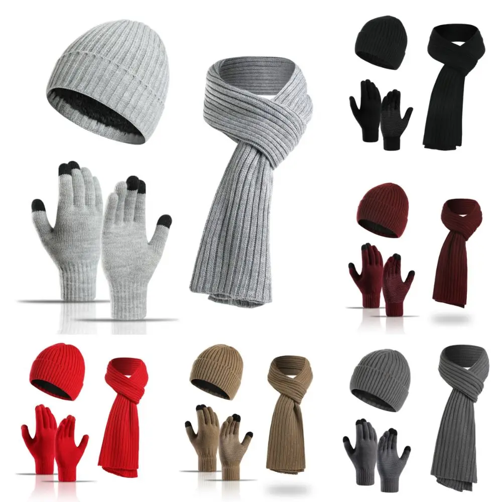 New Winter Keep Warm Set Fleece Lining Knitted Beanie Gloves Scarf Solid Color Thicken Unisex Hat Neckerchief for Men Women