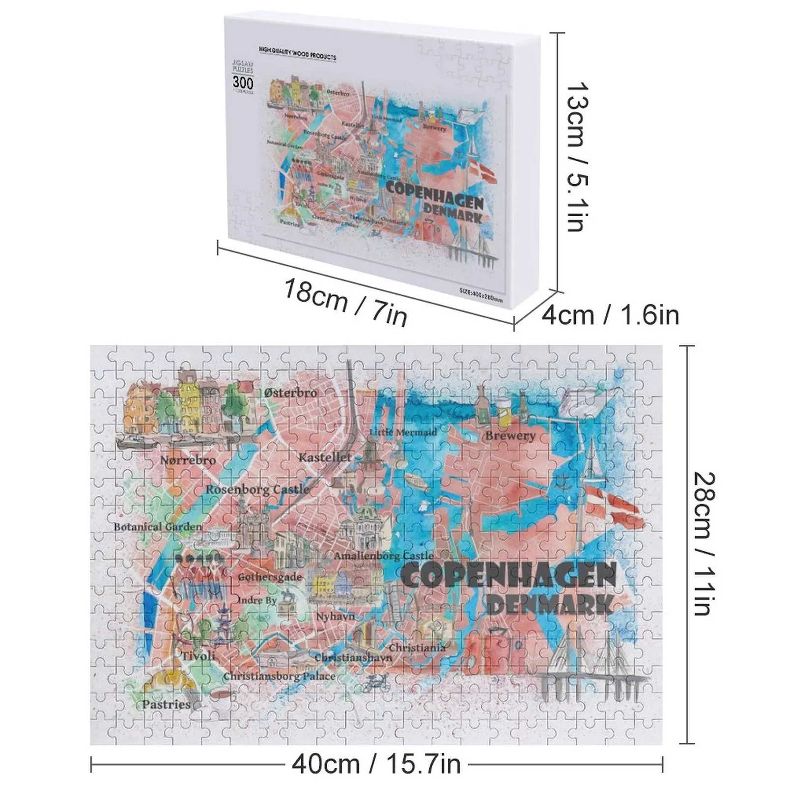 デンマークのコペンハーゲンのイラスト入り地図、主要道路、ランドマーク、注目の場所を示したジグソーパズル、アニメパズル