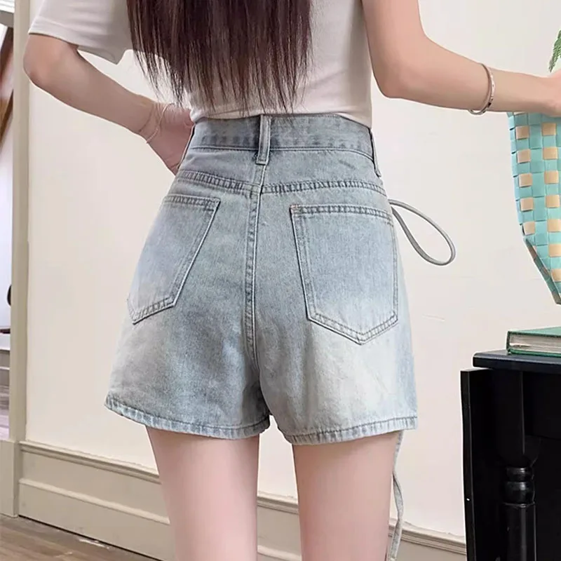 النساء عالية الخصر ألف خط الدنيم السراويل الكورية نمط الإناث غير النظامية وهمية قطعتين سراويل قصيرة بلون الصيف الملابس الرجعية