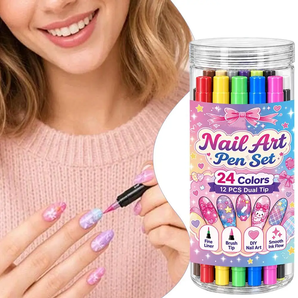 24Color Nail Art Pens Double Headed Polish Set for Girls Women Kids DIY Painting Graffiti Marker Dopamine Color Beginner Tools